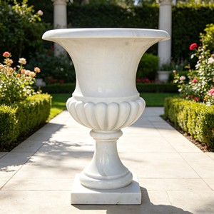 Pot de fleurs sur piédestal en marbre sculpté style vigne vintage, vase en pierre naturelle massif, ornement paysager haut de gamme personnalisable - Product Image 4
