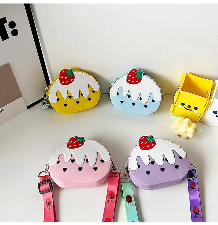 Porte-monnaie pour enfants, joli sac à bandoulière en Silicone au motif de fraise et de glace, pour la maternelle, nouvelle collection