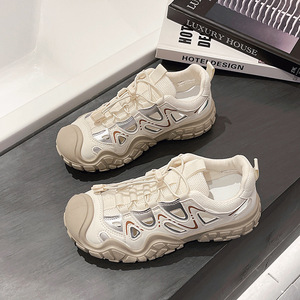 Chaussures de randonnée pour femmes, couleur blanc cassé, à semelle épaisse, style Dad Shoes ajourées, pour l'extérieur, décontractées et sportives, avec sangles croisées, imperméables et à plateforme - Product Image 3