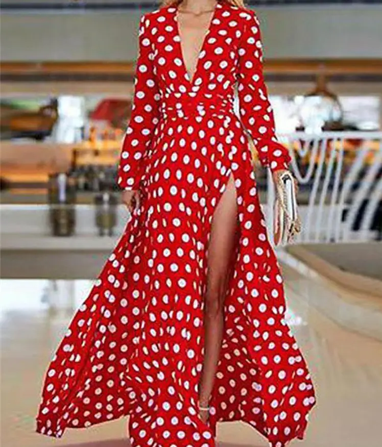 Woman long sleeve Plunging Neck Holiday Polka Dots Party Maxi Dress