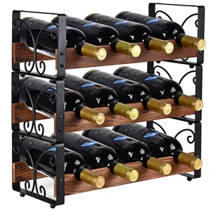 3-Tier Stapelbaar Houten Wijnrek Vrijstaande Metalen Opslag Plank Voor 12 Flessen Thuis Keuken Liquor Organizer Houder