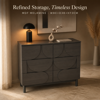 Commode moderne à 6 tiroirs avec panneau en MDF mélaminé à motif festonné, armoire de rangement pour chambre à coucher avec pieds en bois