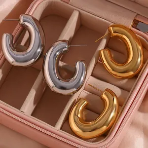 Water Proof J Shape Hollow Out Chunky Hoop Earring 18K Gold Plated Stainless Steel EarriNG Women Jewelry
