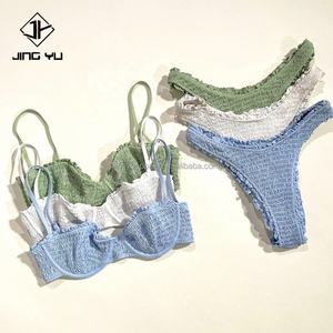 Maillot de bain deux pièces original avec logo personnalisé, taille haute, motif sans couture, plissé, ensemble de bikini froissé, maillots de bain pour femmes - Product Image 3