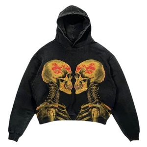 Sudadera con Capucha Oversize de Manga Larga para Hombre, Estilo Retro Gótico Casual, con Bordado 3D de Calavera y Letras, Poliéster/Algodón - Product Image 3