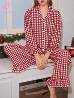 Loveda Großhandel Damen Süße Loungewear Kariertes Bedrucktes Rüschen-Langarmshirt Gerade Hose Weihnachts-Pyjama-Set