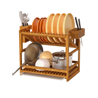 Égouttoir à vaisselle multifonctionnel en bambou carbonisé foncé, écologique, léger, à 2 niveaux, avec support à couteaux et rangement