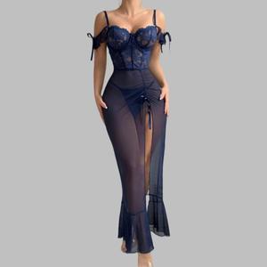 Nouvelle robe de nuit sexy pour femmes, longueur genoux, lingerie, dentelle transparente brodée, pyjama, tissu satiné adorable - Product Image 3