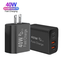 Vente en gros d'usine, chargeur rapide pour téléphones mobiles 40W double PD + double USB, adaptateur secteur type C pour iPhone, Samsung, téléphone mobile