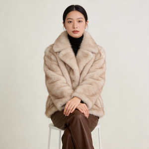 Cappotto Corto in Finta Pelliccia di Volpe per Donna, Collo Rovesciato, Caldo, <span class=keywords><strong>Beige</strong></span>, Morbido, Capospalla Invernale - Product Image 1