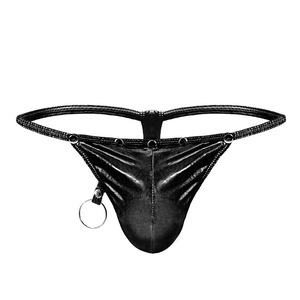Men's Low-Rise Faux Leather <b>Thong</b> Black Spandex <b>Sexy</b> Underwear With Ring Detail - Product Image 1
