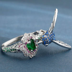 럭셔리 여성 크리스탈 반지 매력 실버 컬러 빈티지 꽃 조류 약혼 반지 - Product Image 3