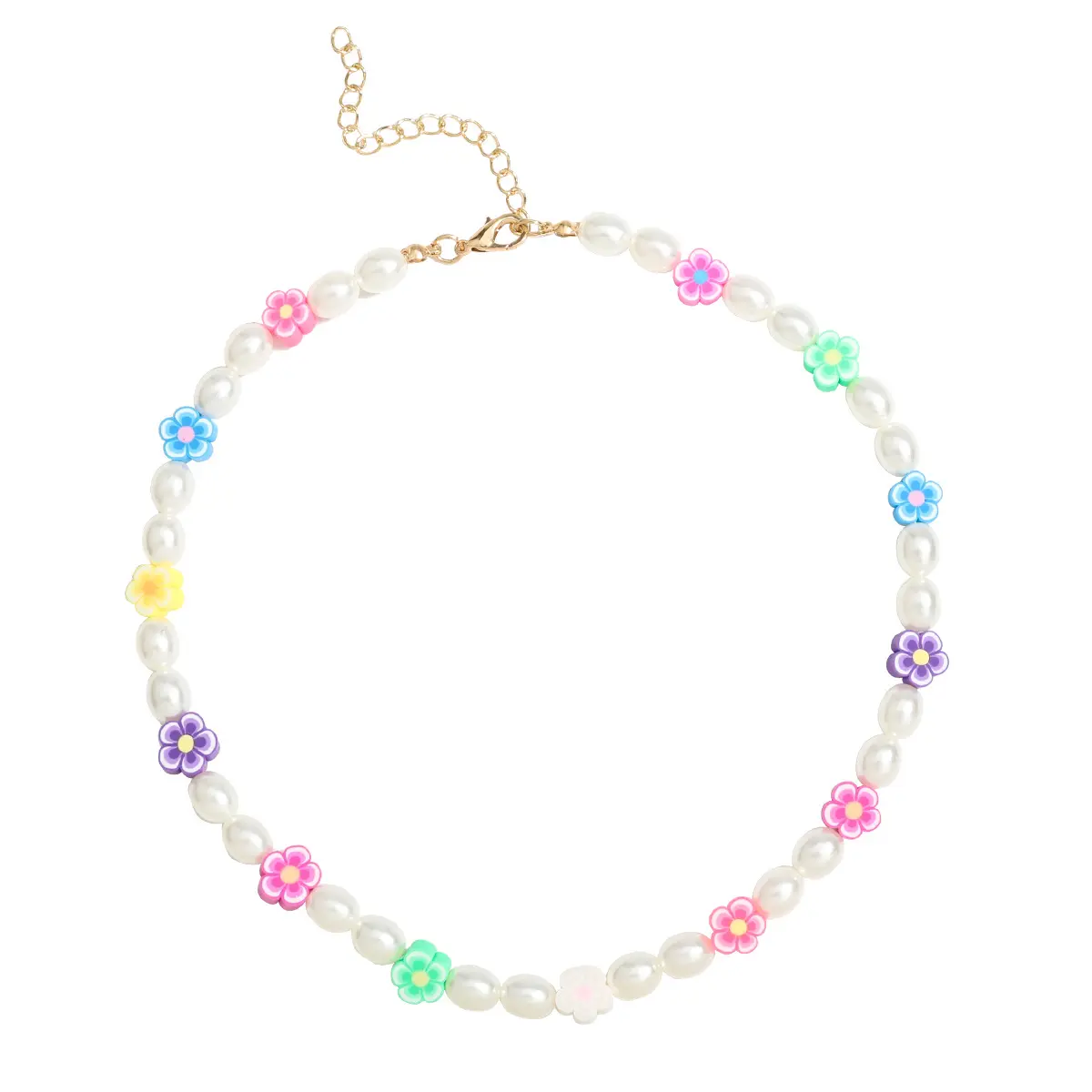 Trendy Y2k Style For Women Girls Colorful Rubber Blooms Charm Beaded Choker Jewelry New Bohemian Imitation Pearl Flower Necklace