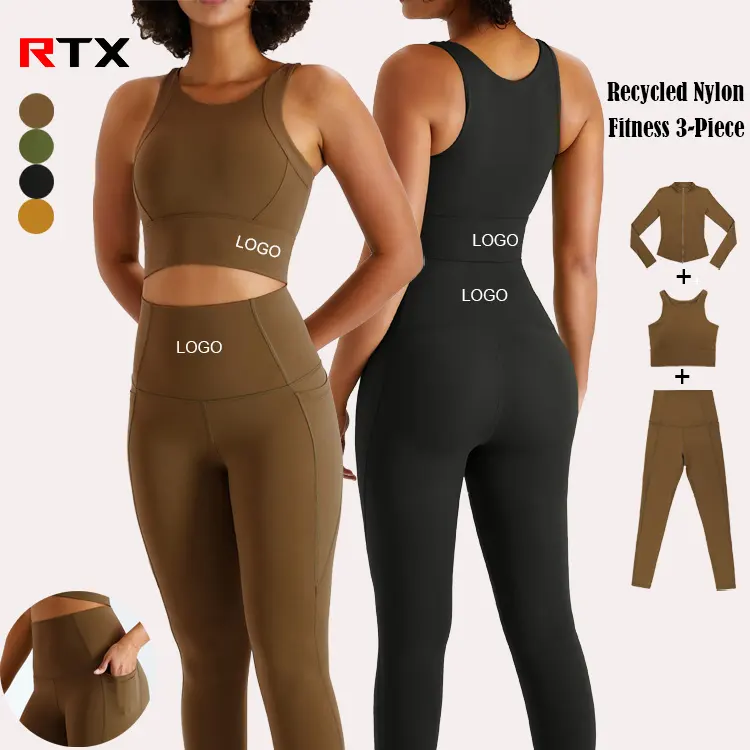 Sport Outfit Recycelt Nylon Gym Fitness Workout Sets Yoga Active wear Set Outfits Zip Up Crop Top 3 Stück Yoga Wear Yoga Kleidung