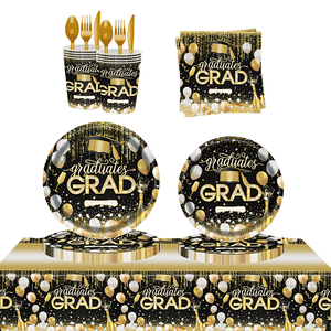 Decoraciones para Fiesta de Graduación en Negro y Dorado 2026, Juego de Vajilla Desechable Ecológico, Servilletas, Artículos para Fiesta de Graduación - Product Image 1