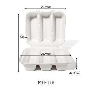 <b>Biodegradable</b> Three Compartment Square Hamburger Box Sugarcane Bagasse Food Grade <b>Packaging</b> For Souffle And Meals - Product Image 2