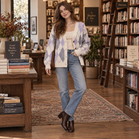 Cardigan en tricot Argyle pour femme, col en V oversize, boutonné, manches longues, automne-hiver, décontracté, tricoté sur mesure