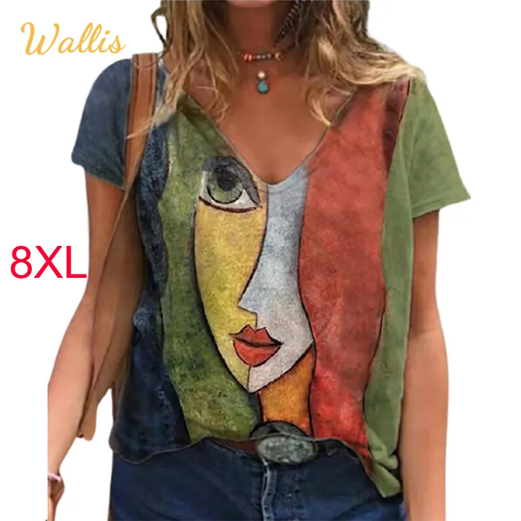 S-8XL Kaus Leher V Wanita, Pakaian Streetwear Y2K Lengan Pendek Kasual Kebesaran Cetak Atasan Longgar Vintage Wanita Tee