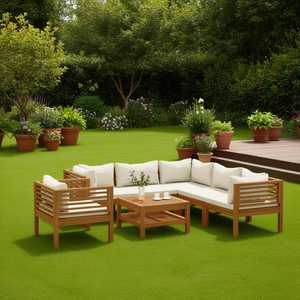 Ensemble de salon de jardin en bois d'acacia crème 6 places, mobilier d'extérieur contemporain, résistant aux intempéries, structure en bois massif - Product Image 2