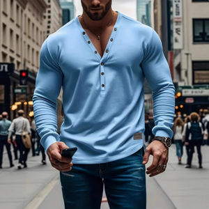 Camicia modellante da <span class=keywords><strong>uomo</strong></span> a maniche lunghe con <span class=keywords><strong>scollo</strong></span> a V e bottoni, stile americano, tinta unita, casual, per primavera/estate, 26 pezzi transfrontalieri - Product Image 5