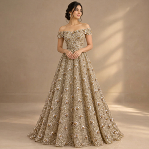 Vestido de Gala con Apliques Florales Color Champán, Vestido de Princesa con Lentejuelas y Cuentas, Vestido Formal con Hombros Descubiertos - Product Image 1