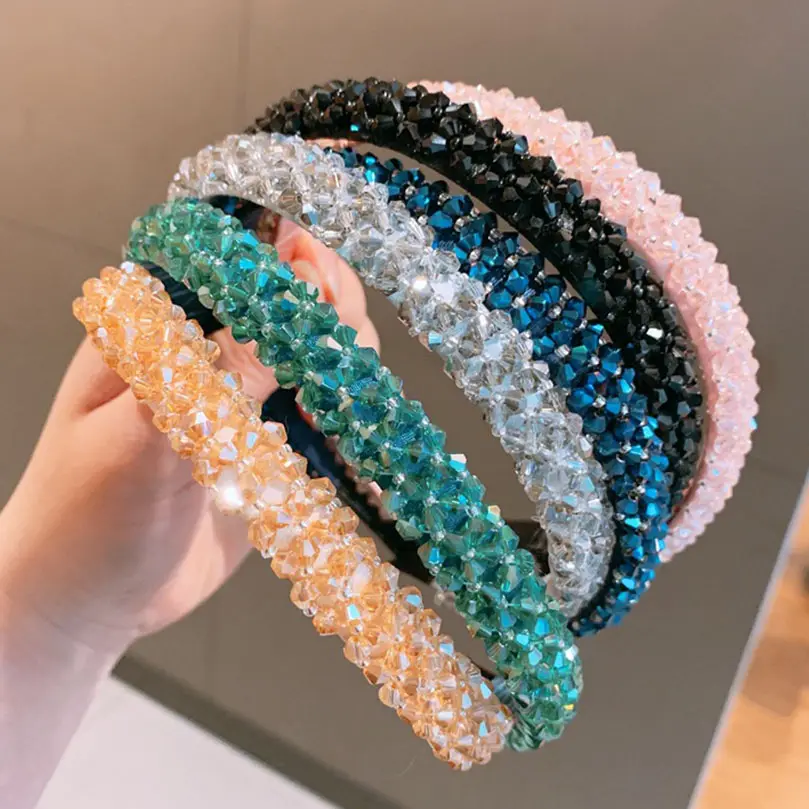 Solid Color Luxury Rhinestone Headband Women Beads Bezel HairフープKorea Hairband Girls Bride Wedding Hair Accessories