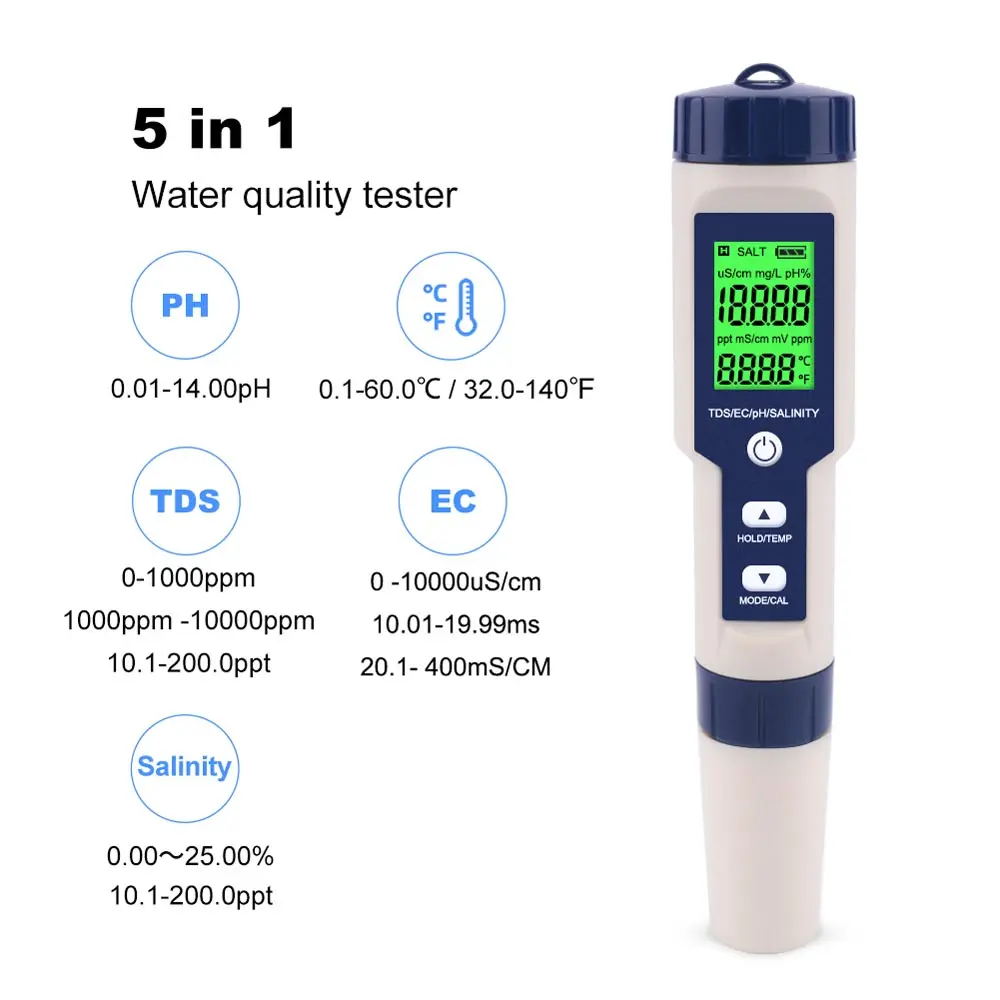 5 in 1 dijital PH ölçer TDS/EC/tuzluluk/sıcaklık ölçümü su kalitesi monitör test cihazı hidroponik/Akvaryumlar TP16