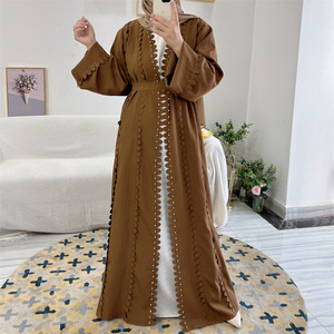 Kimono Diamant Cristal Décoration Manches Longues Femmes Musulmanes Vêtements Islamiques Dubaï Ouvert Devant Crêpe <span class=keywords><strong>Abaya</strong></span> Avec Poches - Product Image 5