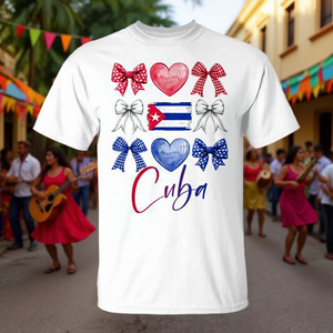 T-shirt mignon pour filles et femmes avec drapeau cubain et nœud pour la Moisson des Heritages Hispaniques de Cuba - Product Image 3