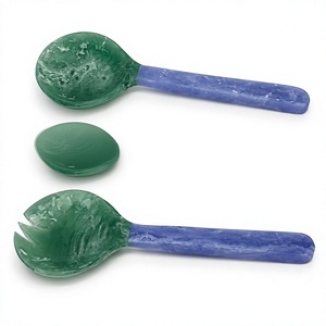 Service à salade artisanal en résine bleu sarcelle et blanc, moderne, luxueux, écologique, compatible lave-vaisselle et micro-ondes, FAIZA CRAFT - Product Image 2