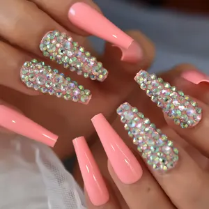 Hellrosa Einzigartige Nail Art Tipps Extra lange Bulk Acryl Nagel Sarg Steine Oberfläche Luxus Falsche Nägel