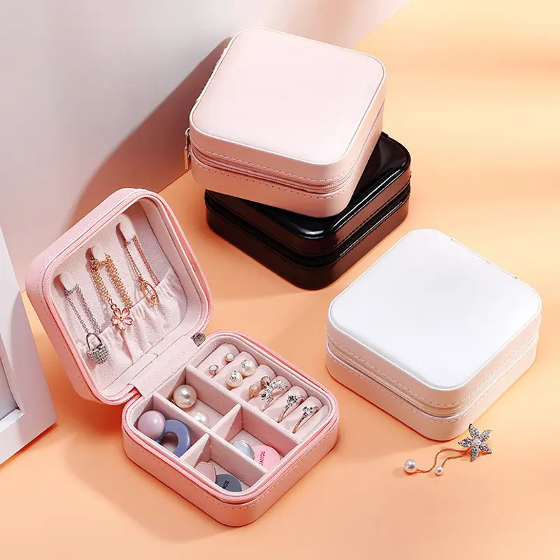 In Stock PU Leather Small Travel Jewelry Box Organizer Portable Jewelry Storage Box for Rings Earrings and Necklace packaging