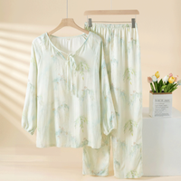 Pyjama décontracté en fibre de bambou pour femme, taille élastique, haut à manches longues et pantalon fin, imprimé floral, col pull, respirant, printemps/automne