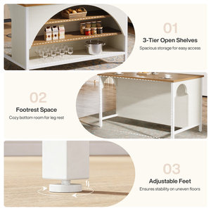 Isla de cocina arqueada SENYU con estantes abiertos, blanca y de madera, estilo moderno de granja, mesa de preparación y almacenamiento - Product Image 5