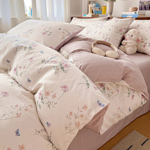 100% Jet-Spun Cotton Blue Orange Rose Floral Bedding Set 4Pcs, Reversible Light Blue Solid <strong>Duvet</strong> Cover Set - Product Image 6