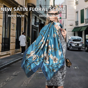 Factory Direct Sale New Vintage Long Satin <b>Scarf</b> Hijab <b>Head</b> <b>Scarves</b> Female Floral Chain Printed Summer Hair Square <b>Scarf</b> - Product Image 2