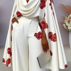 Damen-Set: Standardqualität, bedrucktes Blumenmuster, Cape-Stil, manuell gefalteter Schwingkragen, bauchfreies Oberteil und Freizeithose – Sehe Fashion - Product Image 3