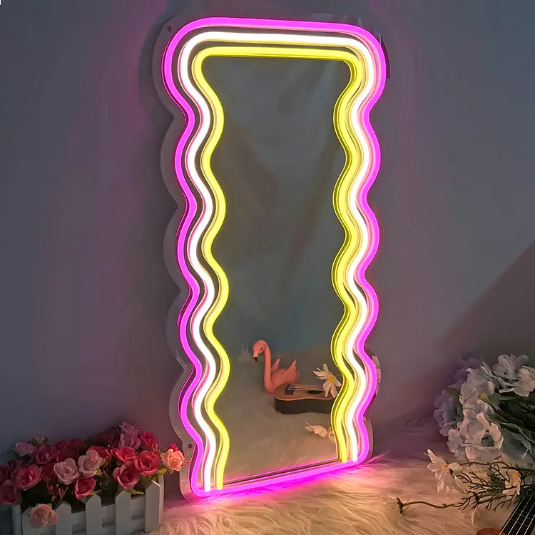 Grote Kortingen Custom Logo Letter Slaapkamer Kids Room Beauty Lounge Bar Licht Vintage Golvend Roze Spiegel Neon Bord