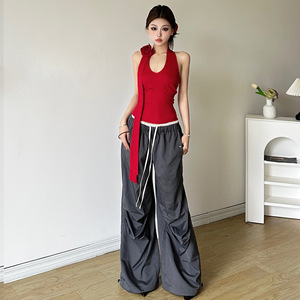 Conjunto <span class=keywords><strong>de</strong></span> Verano para <span class=keywords><strong>Mujer</strong></span>, Chaleco Halter <span class=keywords><strong>de</strong></span> Color Liso y Pantalones Holgados <span class=keywords><strong>de</strong></span> Cintura Alta - Product Image 2