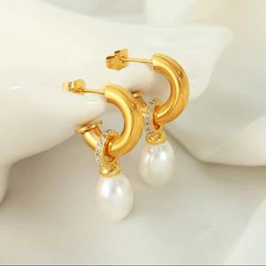 Pendientes de Aro con Perlas y Circonitas, Chapados en Oro de 18k, Hipoalergénicos, de Acero Inoxidable 316l, Resistentes al Deslustre, para Mujer, Novedad 2024 - Product Image 3