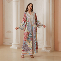 Robe longue vintage à imprimé floral en polyester respirant pour femme, col en V, manches longues, style ethnique ample, abaya pour tous les jours