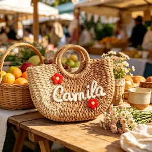 Sac à bandoulière tendance transfrontalière en fibre végétale, brodé main personnalisé avec nom, forme circulaire, sac fourre-tout DIY avec lettres - Product Image 2