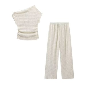 Women's Textured Asymmetrical Top and High-Waisted Pants Solid Color 2-Piece <b>Set</b> Fashion - Product Image 3