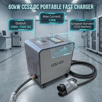 Chargeur rapide DC portable 60 kW avec sortie 200-750 V, 120 A max, écran tactile 4,3 pouces, IP53, pour usage commercial et en flotte
