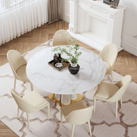 Mesa de Comedor Moderna Giratoria con Base de Piedra Blanca en Forma de Pétalo y Detalles Dorados, para 4-6 Personas, Ecológica, Resistente, Ideal para Escuelas y Restaurantes