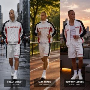 Ensemble de survêtement pour <span class=keywords><strong>homme</strong></span> <span class=keywords><strong>en</strong></span> tissu performant avec empiècements contrastants, respirant, à capuche, fermeture éclair intégrale, léger, pour entraînement sportif, logo personnalisé, OEM - Product Image 3