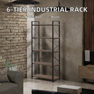 Industrial Modern School Corner Shelf 6-Tier Adjustable Foldable Metal Bookcase with Wood <b>Frame</b> - Product Image 2
