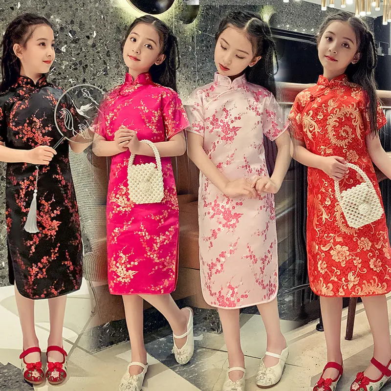 Chinese Traditional Costumes Princess Girls Dress Cheongsams Hanfu Tight Dragon Phoenix Floral Kids Girls Kimono Satin Dress