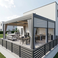 Pergola bioclimatique grise intelligente à toit rigide en aluminium avec stores zip et éclairage LED pour grands espaces de jardin