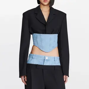 TWOTWINSTYLE Fashion Patchwork Denim Long Sleeve Elegant Ladies Blazers For Women